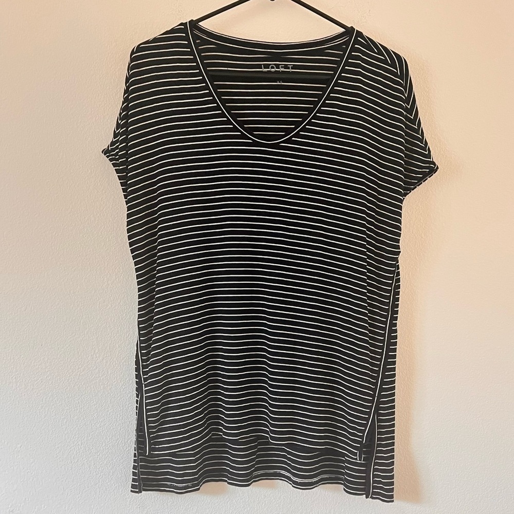 LOFT Navy Blue and White Striped Scoop Neck High to Low Short Sleeve Top XS